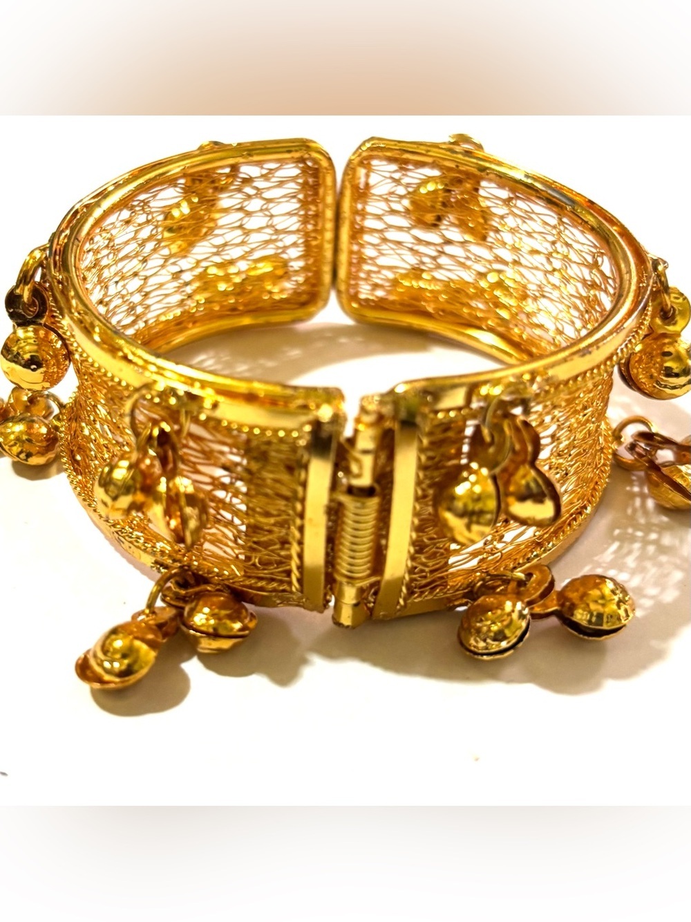 Vintage Gold Filigree Cuff Bracelet with Dangle Discs